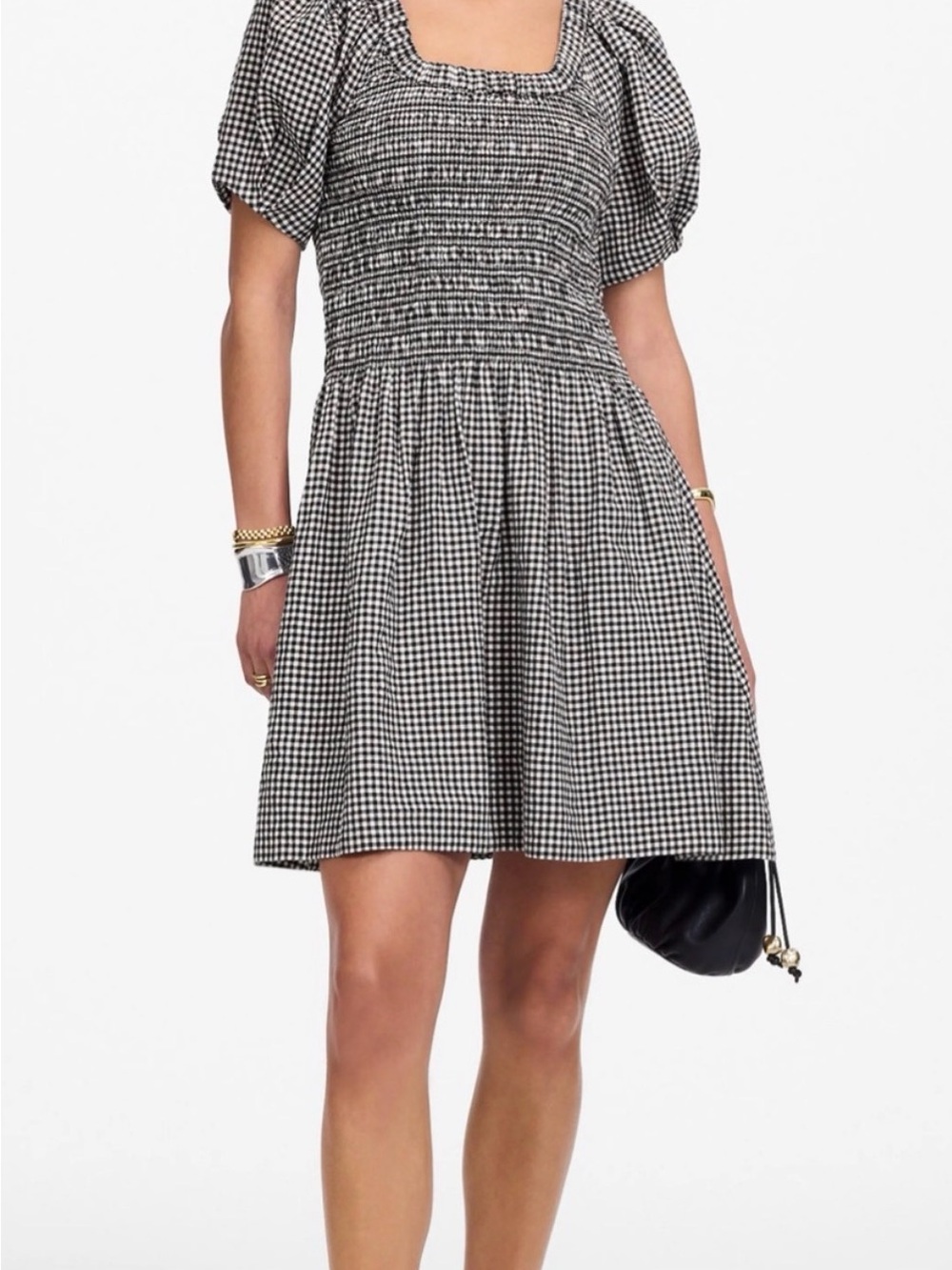 Madewell Black and White Gingham Smocked Mini Dress